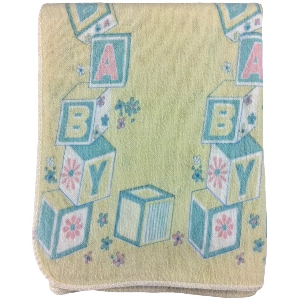 Vintage Yellow Baby Receiving Blanket Green Blocks Soft 28x34 Unisexβ Lovey